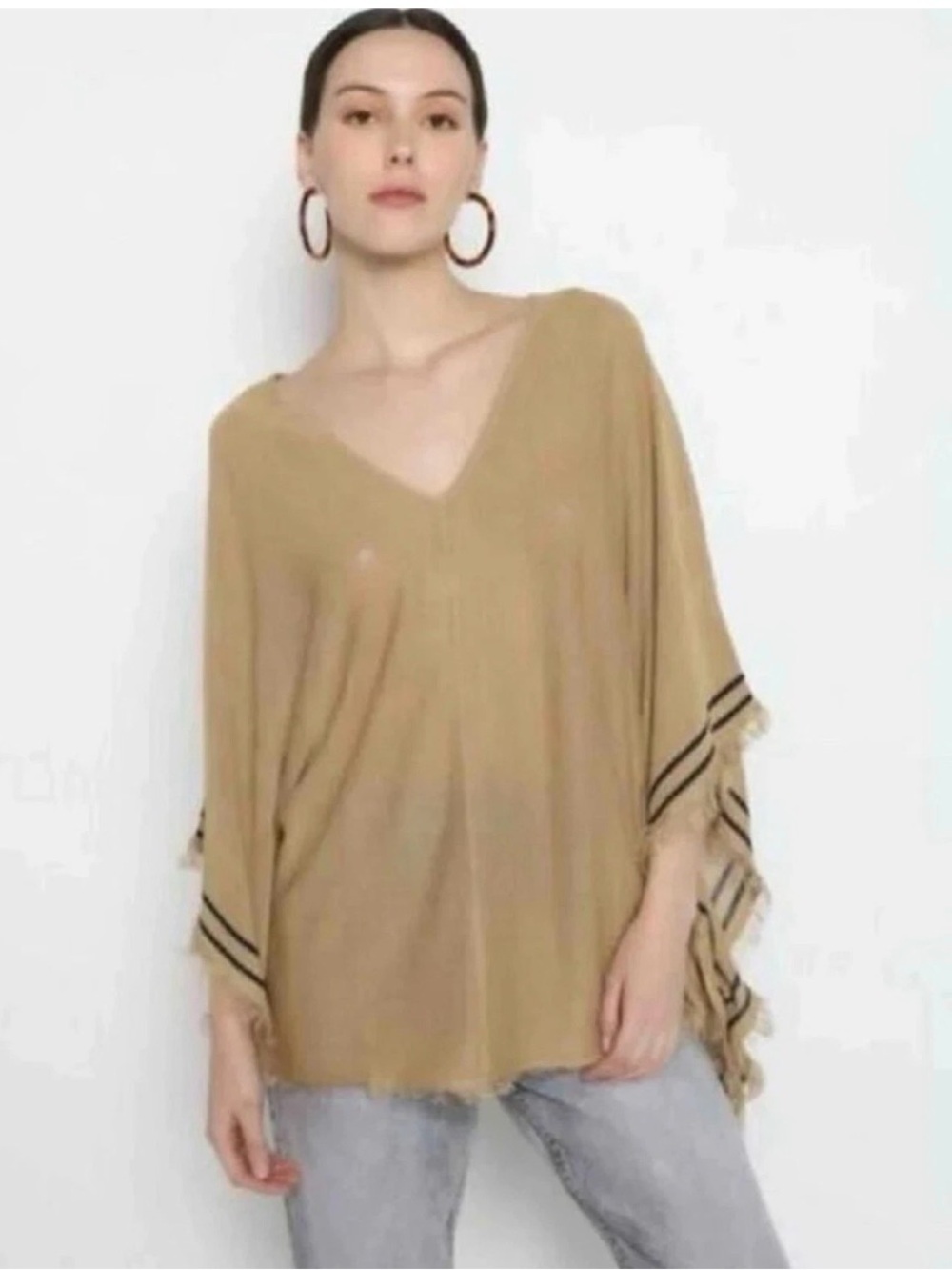 NWT Zara Tan Linen-Blend  V-Neck Pullover Poncho with Fringe Size XS